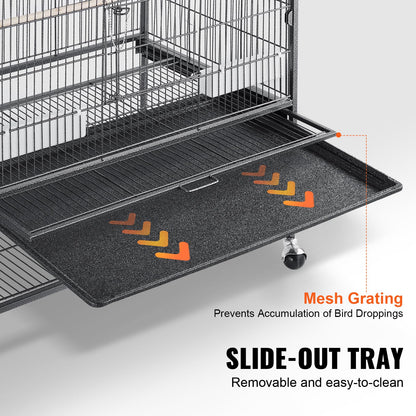 VEVOR Bird Cage, 24.6 x 16.7 x 53.9 inch, Flat Top, Wrought Iron Bird Flight Cage with Perches, Slide-Out Tray and Plastic Feeders, Casters, for Parrot, Blue Tit, Cockatiel, Canary, Budgerigar, Conure