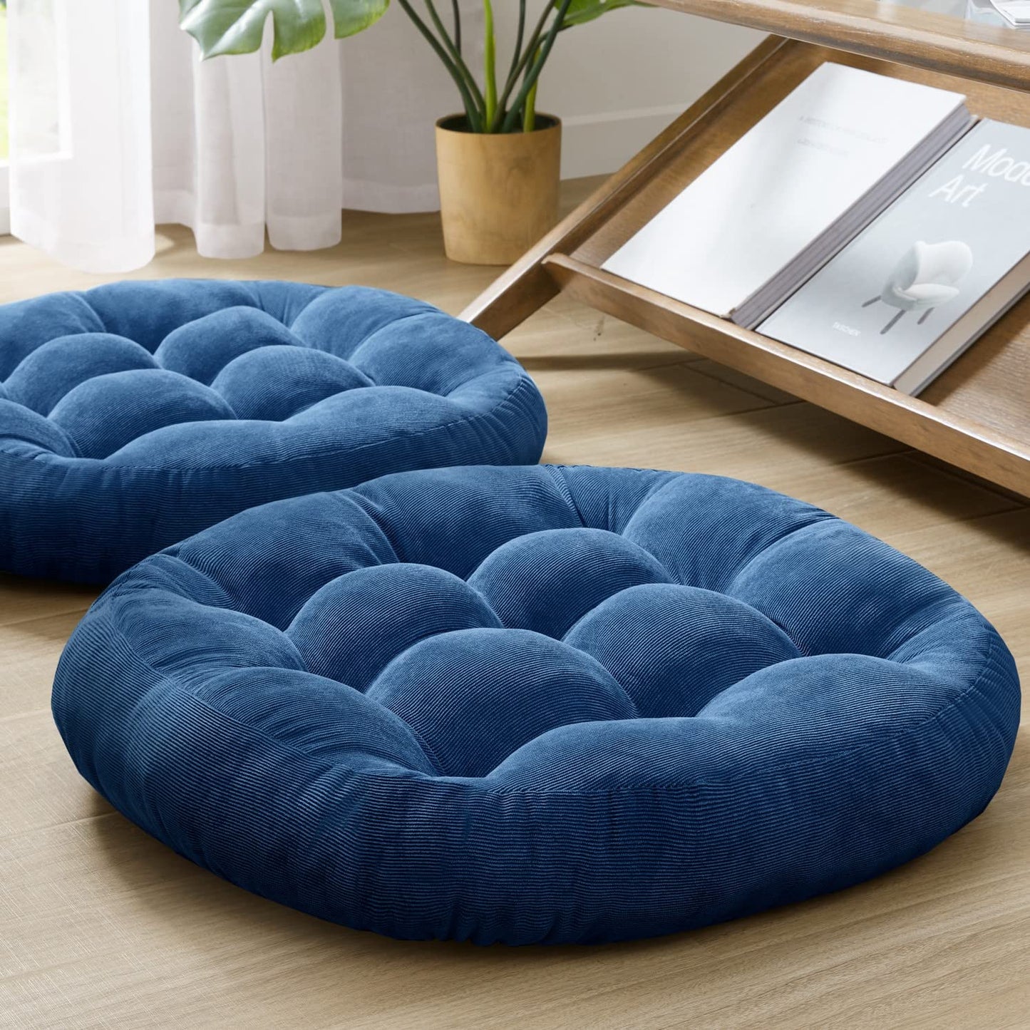 Meditation Floor Pillow Set of 2, Round Large Pillows Seating for Adults, Tufted Corduroy Cushion for Living Room Tatami, Beige 22 Inch