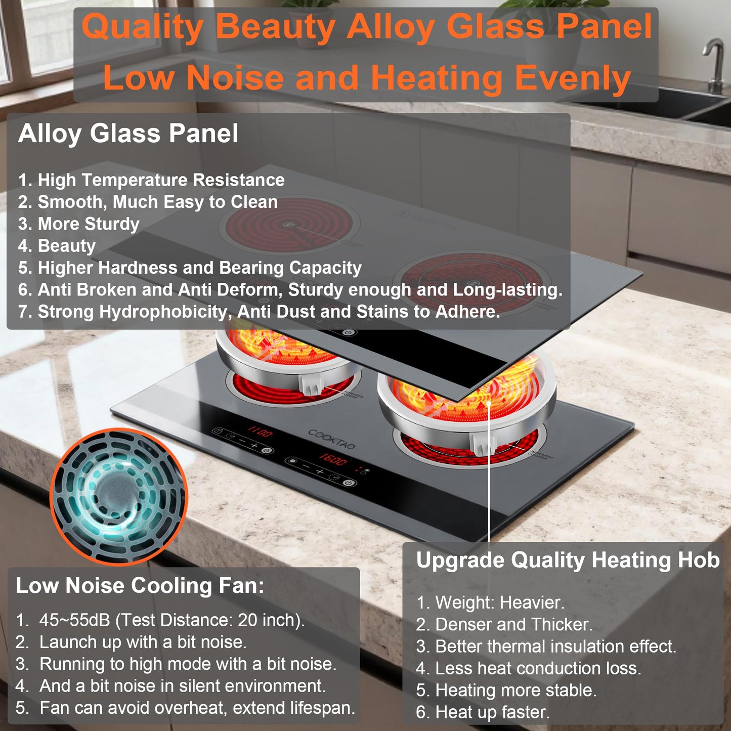 Dual Coil Design of 2 Burner Electric Cooktop, 1800W Ceramic Hot Plate for Cooking, Infrared Double Burner Portable Countertop or 24inch Built-in Radiant Stove Top Cooker, Compatible with All Cookware