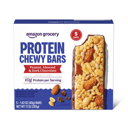 Amazon Brand - Happy Belly Protein Chewy Bars, Peanut, Almond & Dark Chocolate, 5 Count (Pack of 2)