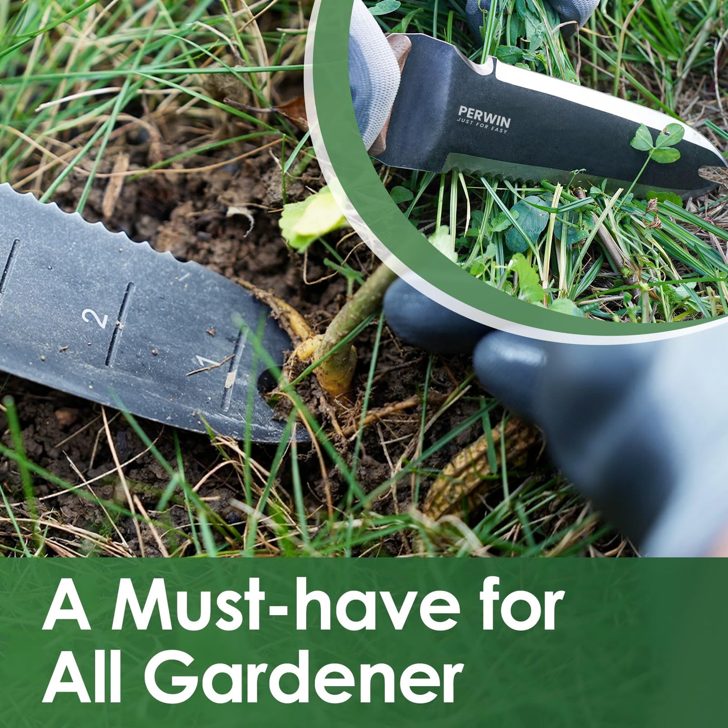 PERWIN Hori Hori Garden Knife, Garden Tools with Sheath for Weeding, Planting, Digging, 7" Stainless Steel Blade with Cutting Edge, Full-Tang Wood Handle with Hanging Hole
