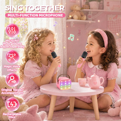 YLL Mini Karaoke Machine for Kids Adults, Portable Bluetooth Speaker with 2 Wireless Microphones, Trendy Birthday Gifts Toys for Girls Ages 3, 4, 5, 6, 7, 8, 9, 10+ Years Old Home Family Party (P-ink)