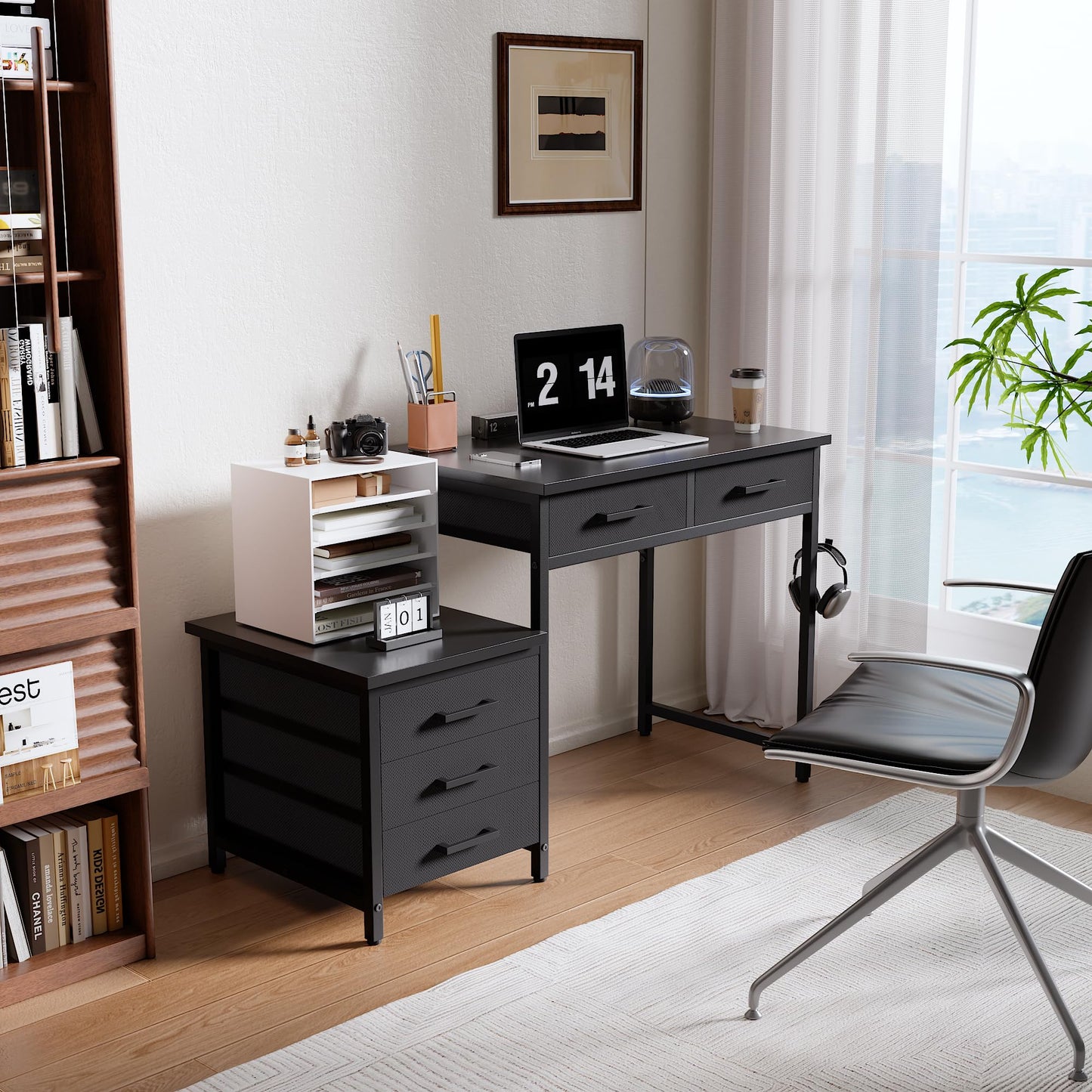 Pamray 47 inch Computer Desk with 5 Drawers and Printer Space for Office | Ample Storage, Space-saving, Easy Assembly, Sturdy, Suitable for Home Office, Study and Writing, Bedroom and Dorms