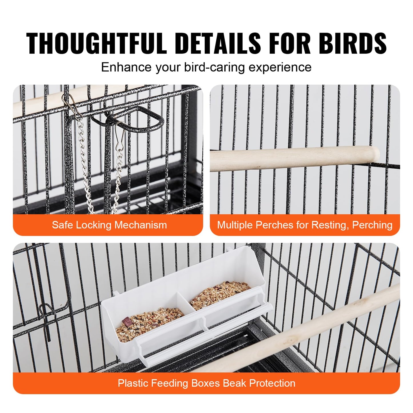 VEVOR Bird Cage, 24.6 x 16.7 x 53.9 inch, Flat Top, Wrought Iron Bird Flight Cage with Perches, Slide-Out Tray and Plastic Feeders, Casters, for Parrot, Blue Tit, Cockatiel, Canary, Budgerigar, Conure