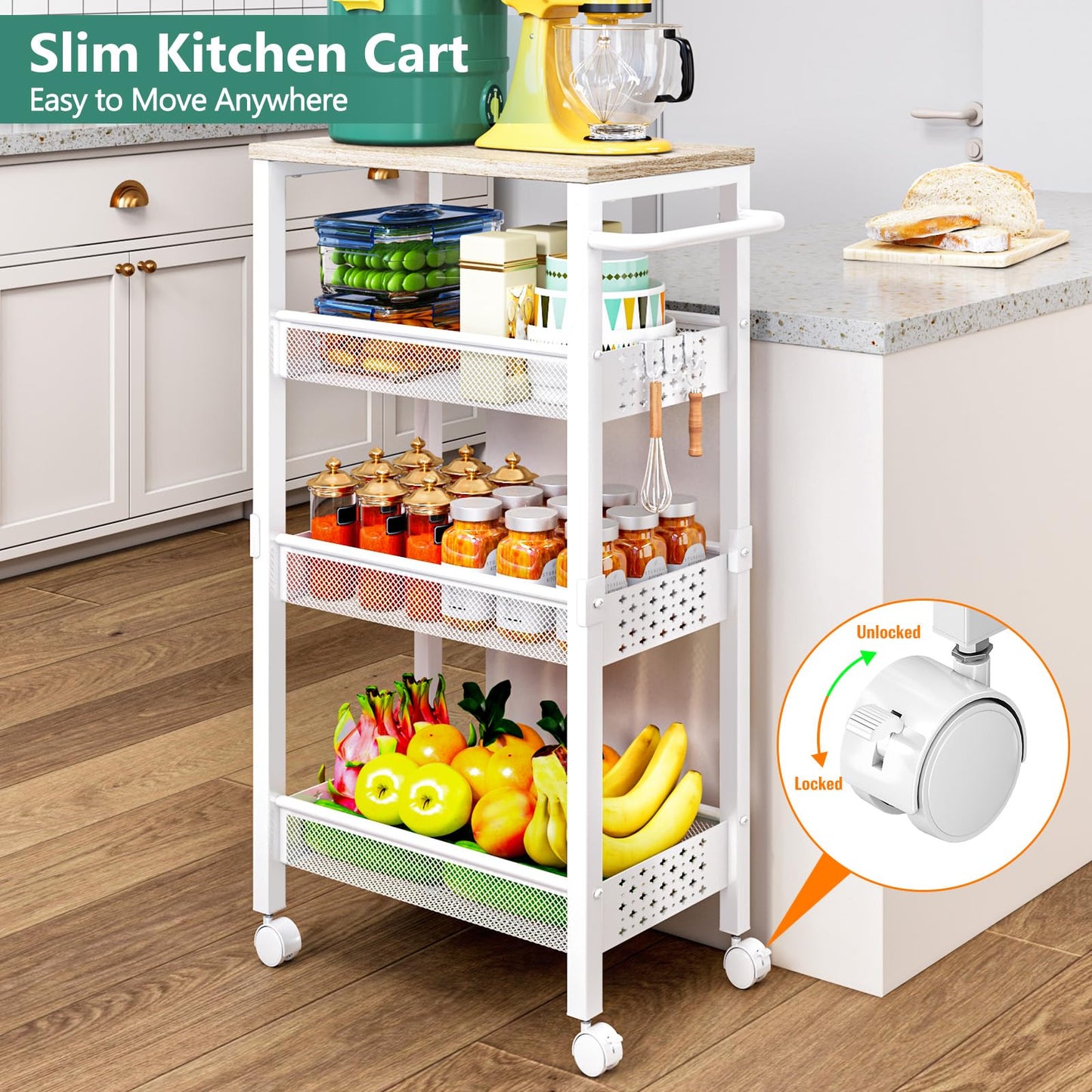 Vivihomety Utility Slim Storage Cart with Wheels, 4 Tier Small Rolling Cart with Wood Top, Metal Kitchen Bathroom Laundry Room Organization Trolley with Handle for Narrow Space – Black