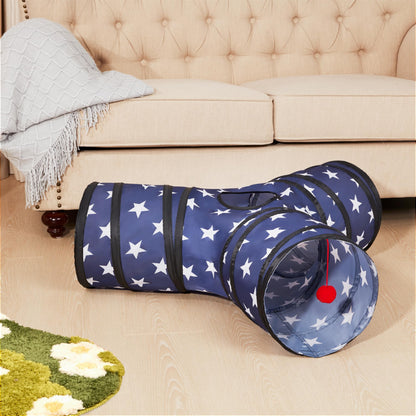 Tempcore Pet Cat Tunnel Tube Toys 3 Way Collapsible, Tunnels for Indoor Cats, Interactive Tube with Teaser Wand, Peek Holes & Hanging Ball, Black & Blue