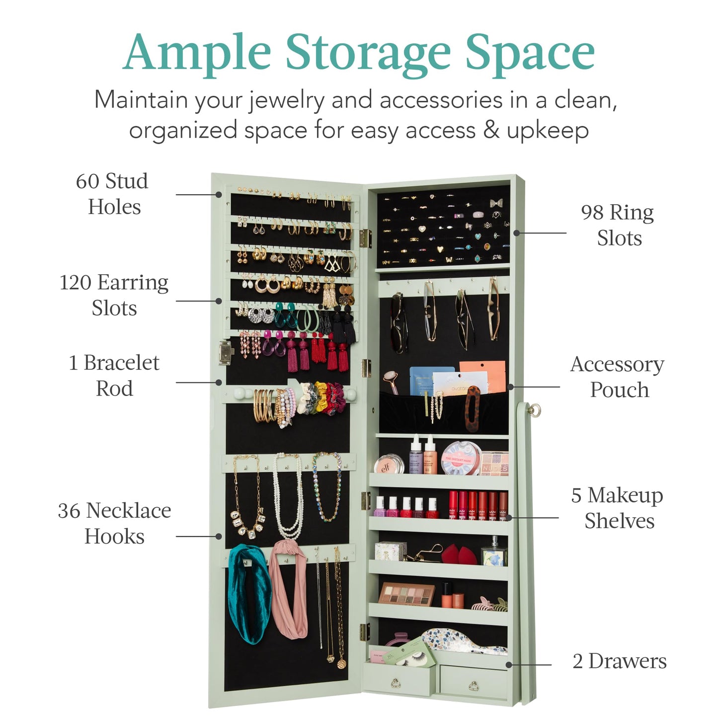 Best Choice Products Freestanding Jewelry Armoire Cabinet, Full Length Standing Mirror, Lockable Makeup Storage Organizer, w/Velvet Lining, 3 Angles, Lock, Accessory Pouch, 5 Shelves - White