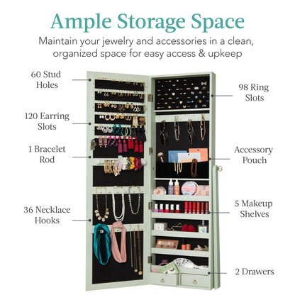 Best Choice Products Freestanding Jewelry Armoire Cabinet, Full Length Standing Mirror, Lockable Makeup Storage Organizer, w/Velvet Lining, 3 Angles, Lock, Accessory Pouch, 5 Shelves - White