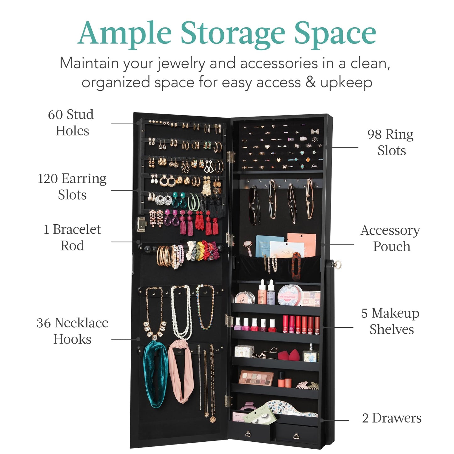 Best Choice Products Freestanding Jewelry Armoire Cabinet, Full Length Standing Mirror, Lockable Makeup Storage Organizer, w/Velvet Lining, 3 Angles, Lock, Accessory Pouch, 5 Shelves - White
