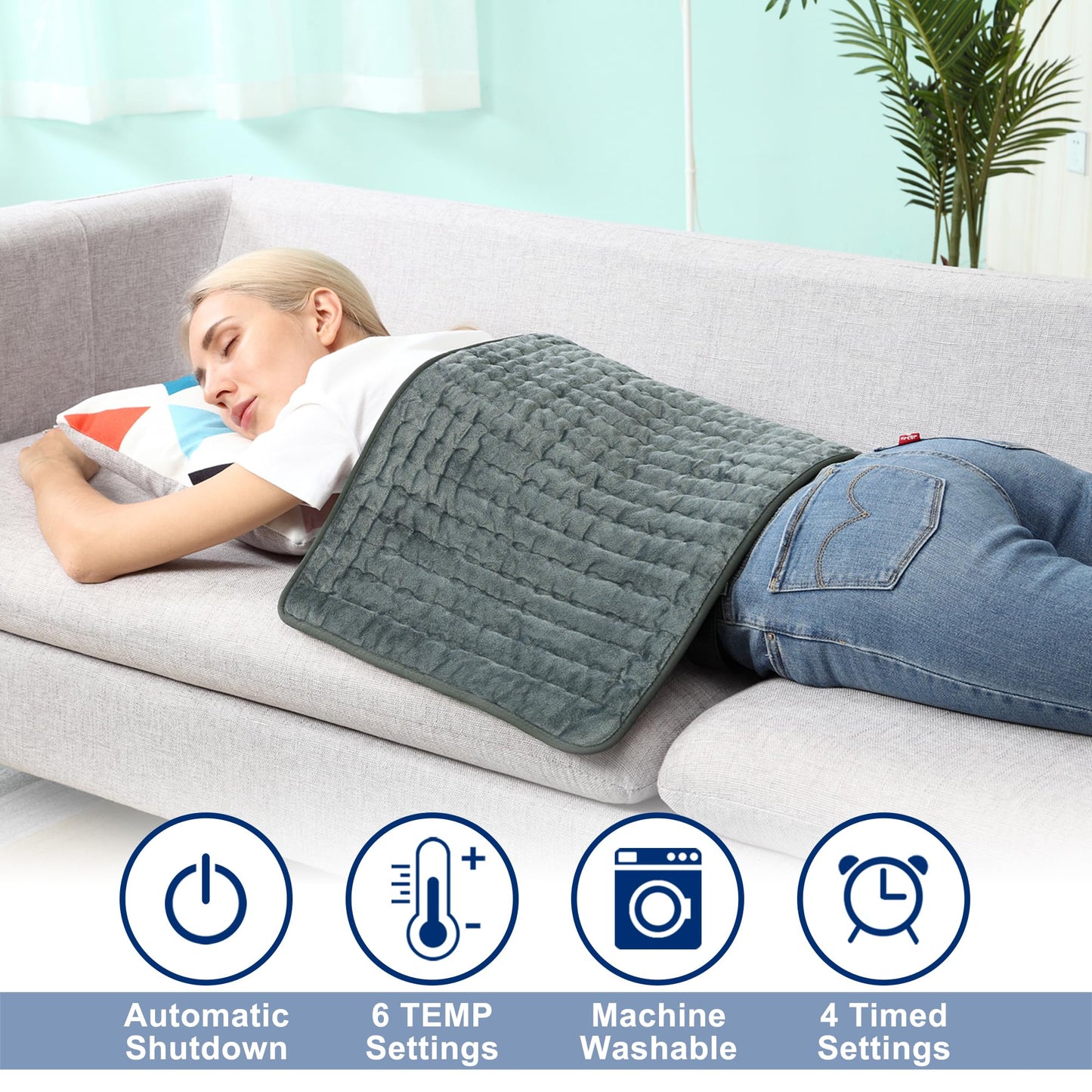 Electric Heating pad with 6 Heat Settings, Auto Shut Off, Dry Electric Heating for Back Neck Knee Arms Legs Shoulder Heat Pads for Christmas Birthday Father Mother's Day (24"X12", Gray Green)