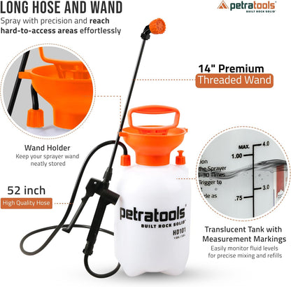 Petratools 1 Gallon Pump Sprayer – HD101 Garden Sprayer for Weeds, Lawn Care & Pesticides – 52” Long Hose, 2 Nozzles & Easy Carry Handle – Durable & Lightweight