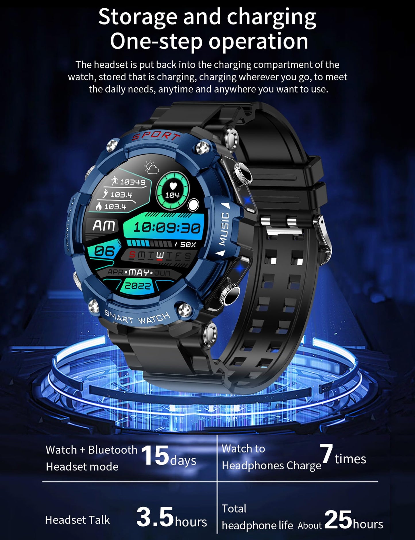 Smart Watch with Earbuds for Men, Smart Watches for Android Phones, Bluetooth Calling can Answer and Make Calls, Military Resistant Fitness, Sports Fitness Tracker with Step,Heart Rate