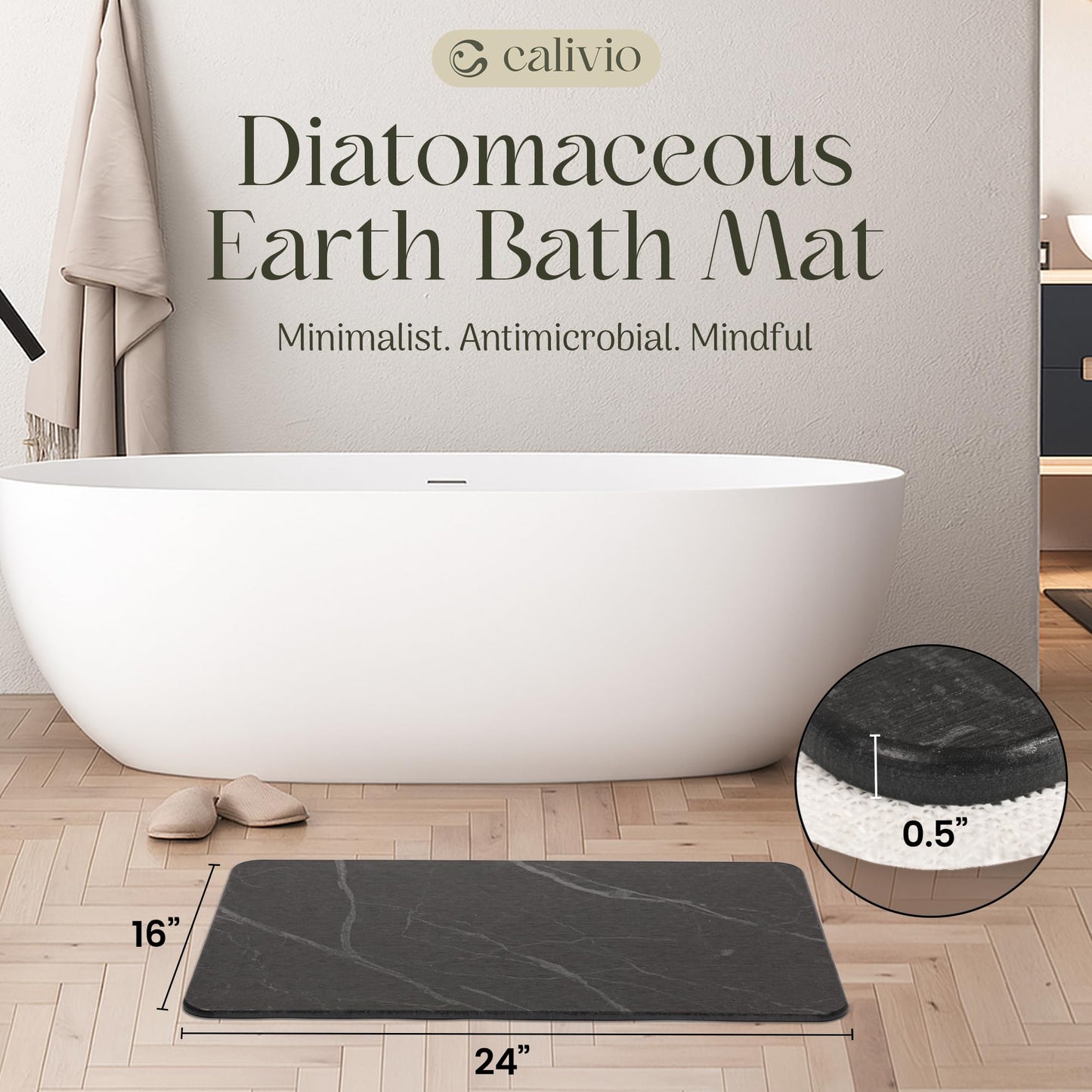 Quick Dry Shower Stone Bath Mat, Super Absorbent & Non-Slip 24 x 16 Inch Diatomaceous Earth Mat, Durable & Easy to Clean Diatomite Bath Mat for Bathroom Floor/Kitchen (River Silt)