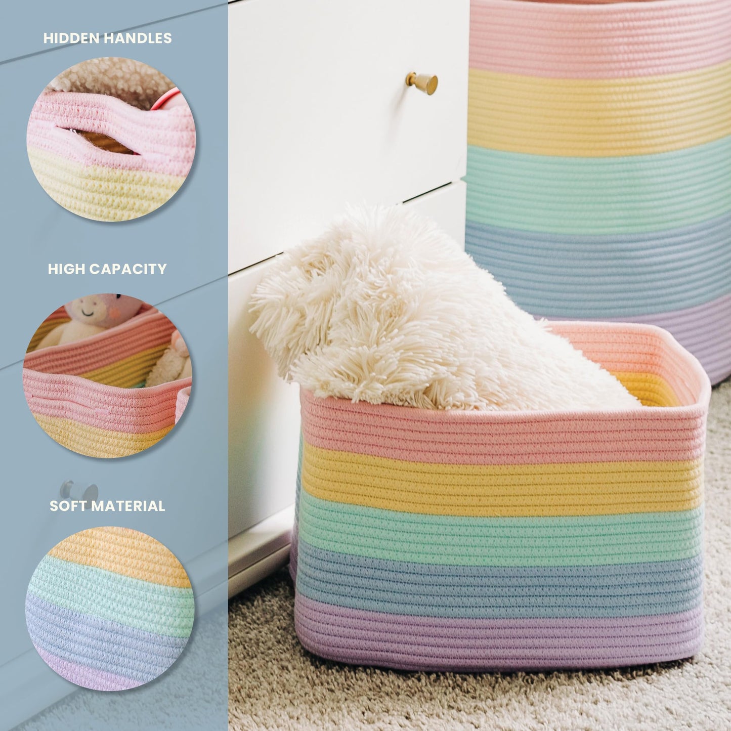 Light Honey Cotton Rope Baskets for Shelves, Set of 3 - 15"×10"×9½" - Woven Storage Baskets for Organizing - Closet, Nursery, Bedroom, Playroom - Toys, Books, Towels, Clothes