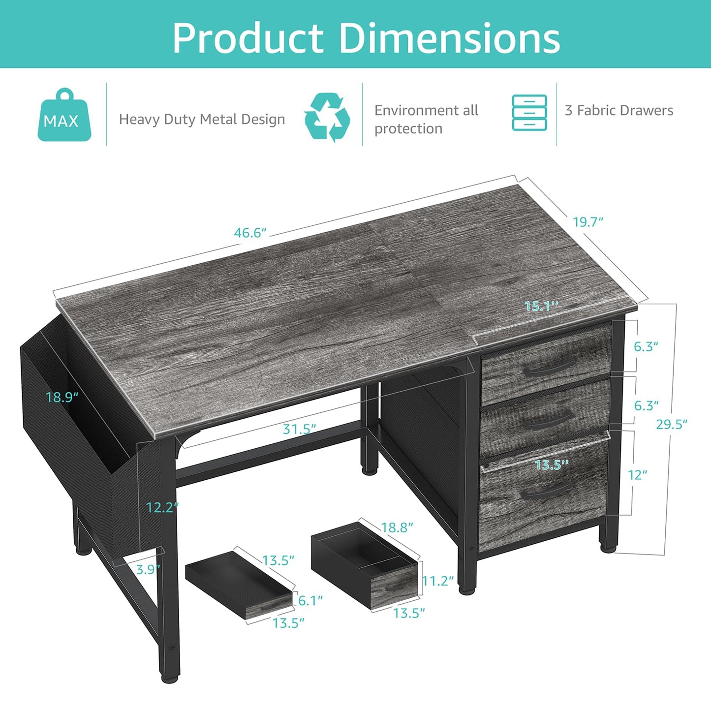 Lufeiya Computer Desk with File Drawers Cabinet, 47 Inch Reversible Home Office Desks with Filing Cabinet for Small Space, Gaming Study Writing Table PC Desks, Black