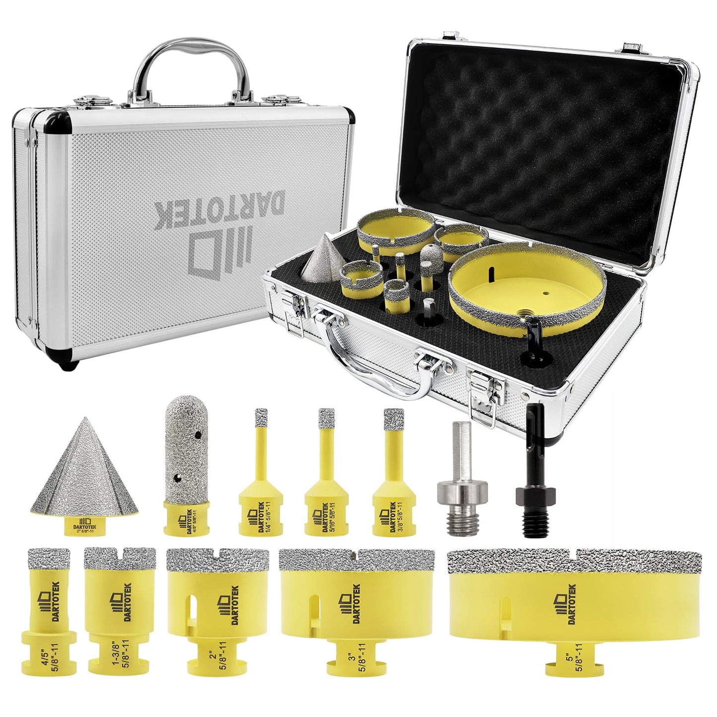 Diamond Core Drill Bits Set for Tile, DARTOTEK 10PCS Porcelain Hole Saw Kit with Aluminum Case, (6/6/8/20/35/50/65mm+2" Chamfer bit +SDS Adapter, Dry/Wet Drilling for Ceramic, Granite & Marble