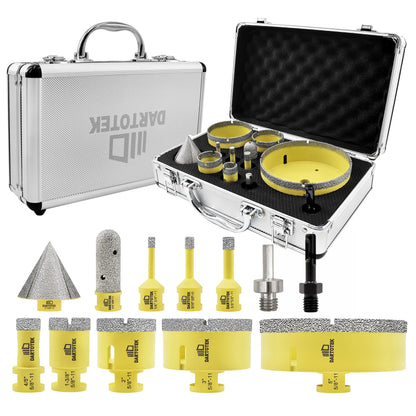 Diamond Core Drill Bits Set for Tile, DARTOTEK 10PCS Porcelain Hole Saw Kit with Aluminum Case, (6/6/8/20/35/50/65mm+2" Chamfer bit +SDS Adapter, Dry/Wet Drilling for Ceramic, Granite & Marble