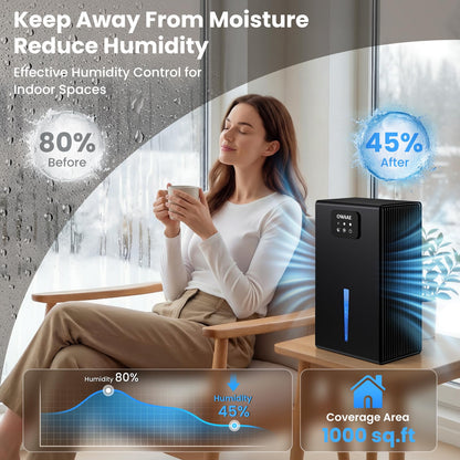 Dehumidifier, 1000 sq.ft Quiet Dehumidifiers for Home Bedroom Basement Bathroom with 95oz Water Tank, Sleep Mode Auto Shut-Off 7 Colors LED Light, Black