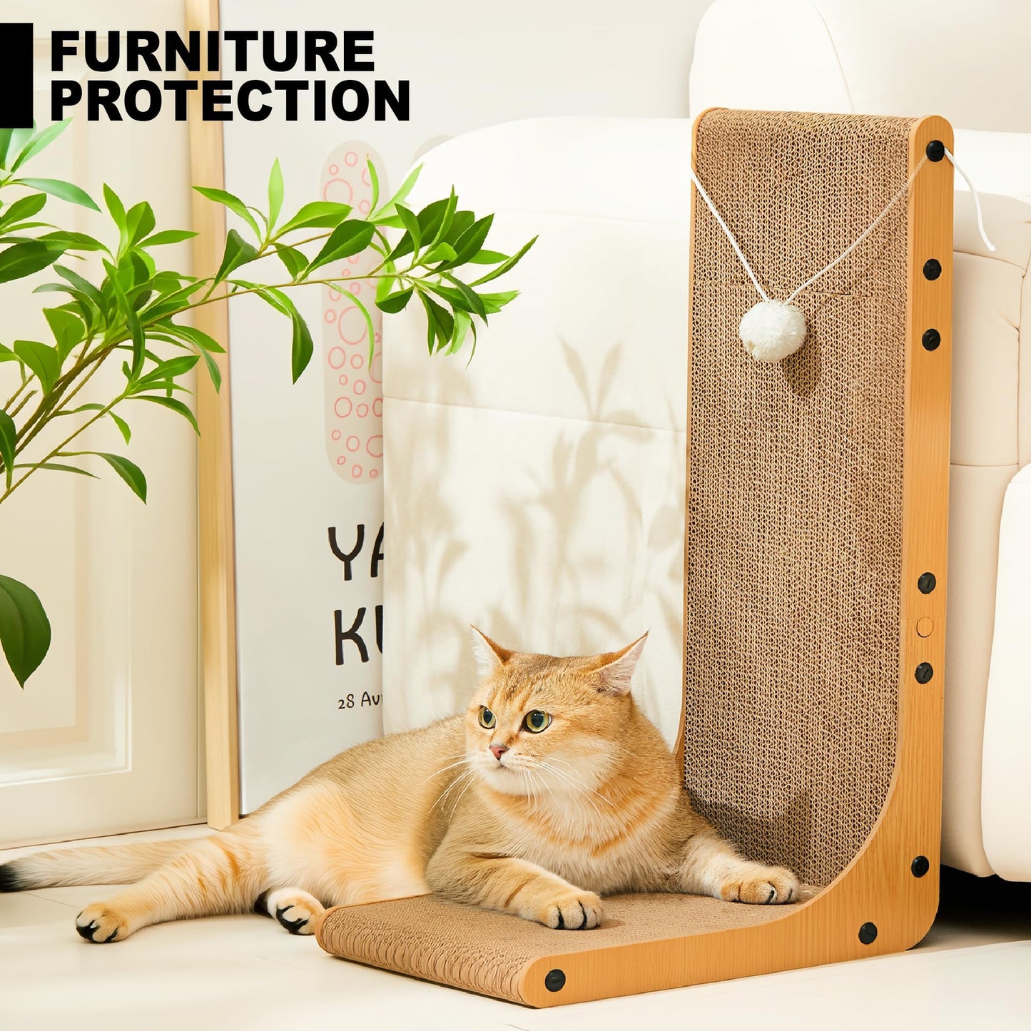 Value 2-Pack 23.6 Inch L-Shaped Cardboard Cat Scratcher, Dual Use (Vert/Horiz) Scratch Pad with Toy Balls, Wall-Mountable Furniture Protector Cat Scratchers for Indoor Cats