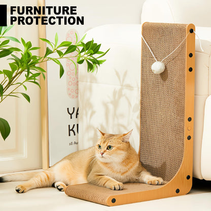 Value 2-Pack 23.6 Inch L-Shaped Cardboard Cat Scratcher, Dual Use (Vert/Horiz) Scratch Pad with Toy Balls, Wall-Mountable Furniture Protector Cat Scratchers for Indoor Cats