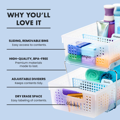 madesmart 2 Tier Bath Organizer, Undersink Storage with Sliding Drawers, for Cleaning Supplies, Pantry, Sponges, Bottles & Kitchen Essentials, Adjustable Dividers & Pull Out Sliding Baskets, Frost