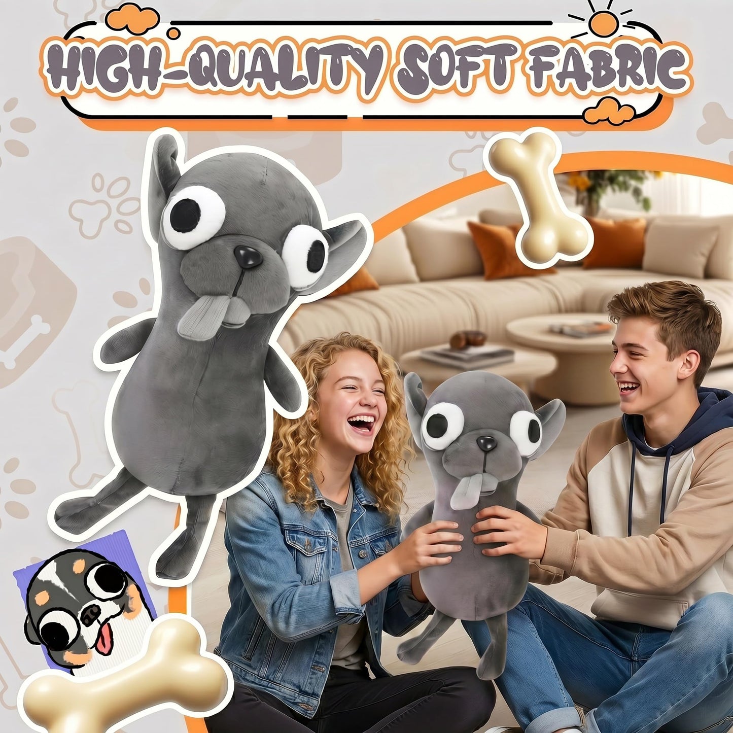Funny Big Eyed Chihuahua Plush - Hilarious Dark Grey Chihuahua Stuffed Animal | Stress Relief Toy, Funny Desk Decor Gift for Kids & Adults (Black)