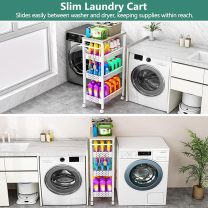 Vivihomety Utility Slim Storage Cart with Wheels, 4 Tier Small Rolling Cart with Wood Top, Metal Kitchen Bathroom Laundry Room Organization Trolley with Handle for Narrow Space – Black