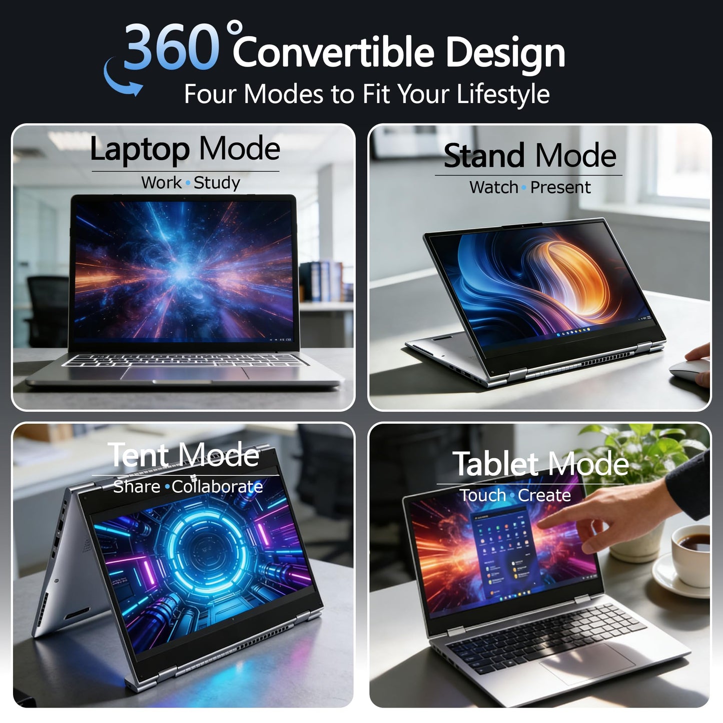 15.6" Yoga 2-in-1 Touchscreen Laptop Computer, AMD A9 Processor up to 3.2GHz, 8GB RAM 256GB SSD, Convertible Notebook with IPS FHD Display, USB-C, WiFi, Win11 Laptop for Work, Study & Home