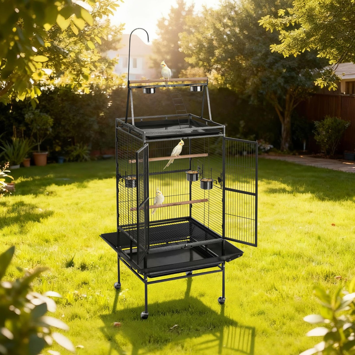 VEVOR Bird Cage, 24.6 x 16.7 x 53.9 inch, Flat Top, Wrought Iron Bird Flight Cage with Perches, Slide-Out Tray and Plastic Feeders, Casters, for Parrot, Blue Tit, Cockatiel, Canary, Budgerigar, Conure