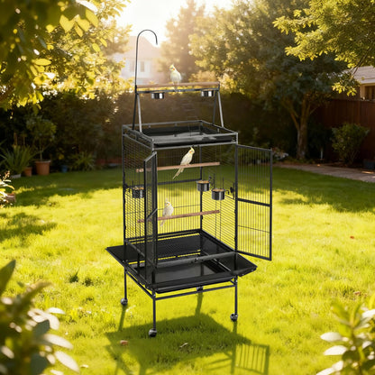 VEVOR Bird Cage, 24.6 x 16.7 x 53.9 inch, Flat Top, Wrought Iron Bird Flight Cage with Perches, Slide-Out Tray and Plastic Feeders, Casters, for Parrot, Blue Tit, Cockatiel, Canary, Budgerigar, Conure
