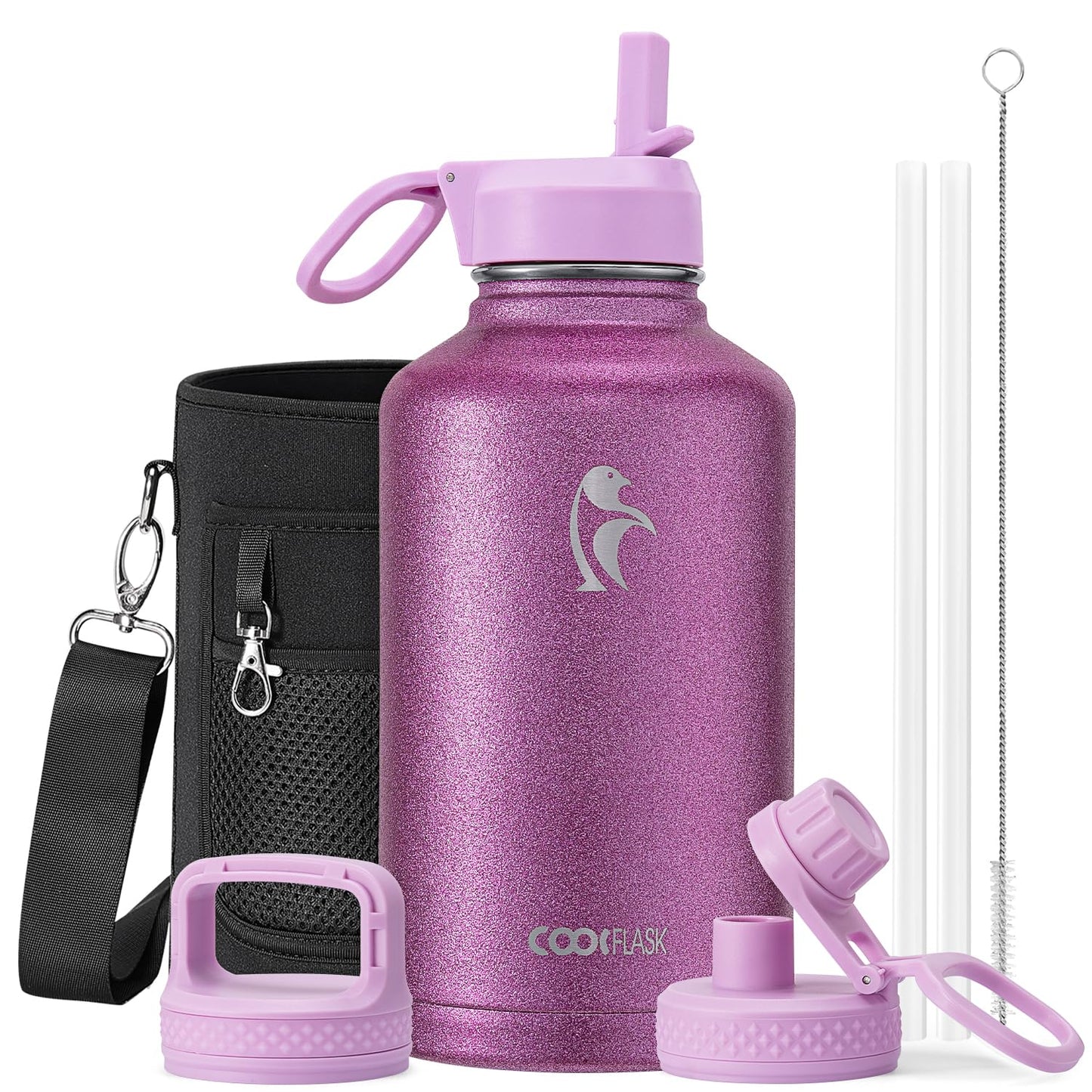 Half Gallon Water Bottle Insulated with Straw & 3 Lids, Coolflask 64 oz Water Jug Large Metal Stainless Steel Wide Mouth for Sports, Gym or Office, Non-BPA Keep Cold 48H Hot 24H, Samurai Cyan