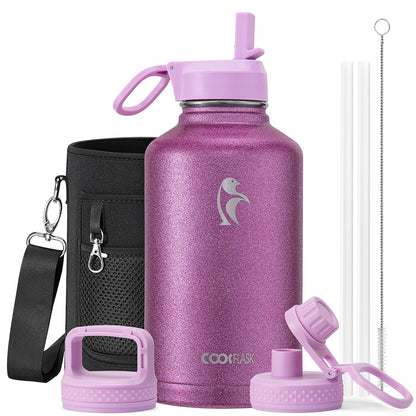 Half Gallon Water Bottle Insulated with Straw & 3 Lids, Coolflask 64 oz Water Jug Large Metal Stainless Steel Wide Mouth for Sports, Gym or Office, Non-BPA Keep Cold 48H Hot 24H, Samurai Cyan