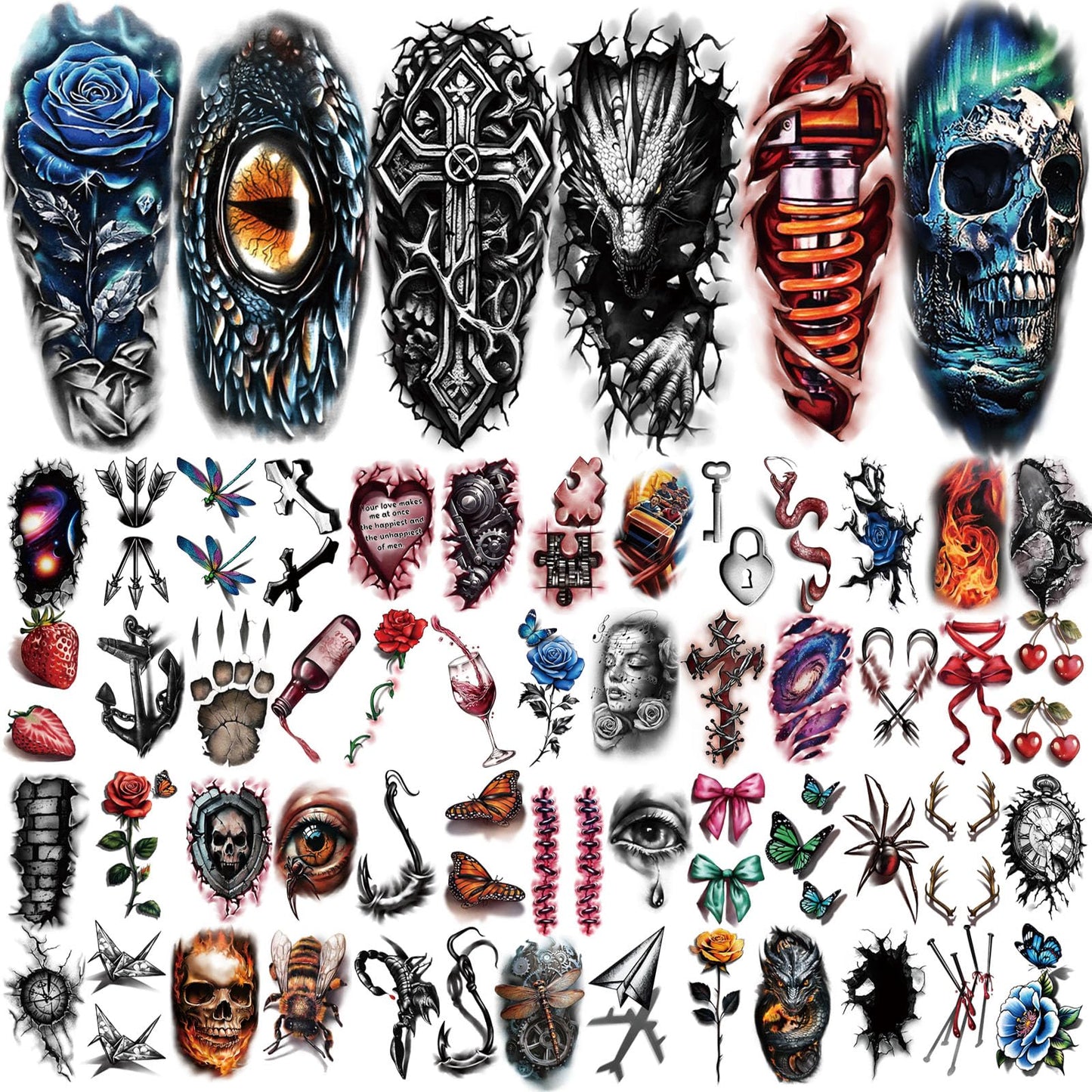 Yazhiji 36 Sheets Temporary Tattoos Stickers, 12 Sheets Fake Body Arm Chest Shoulder Tattoos for Men or Women with 24 PCS Tiny Black Tattoos