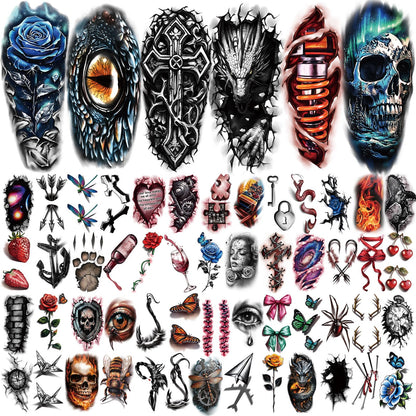 Yazhiji 36 Sheets Temporary Tattoos Stickers, 12 Sheets Fake Body Arm Chest Shoulder Tattoos for Men or Women with 24 PCS Tiny Black Tattoos