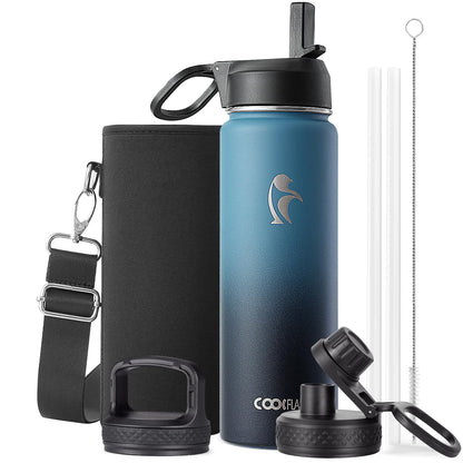Half Gallon Water Bottle Insulated with Straw & 3 Lids, Coolflask 64 oz Water Jug Large Metal Stainless Steel Wide Mouth for Sports, Gym or Office, Non-BPA Keep Cold 48H Hot 24H, Samurai Cyan