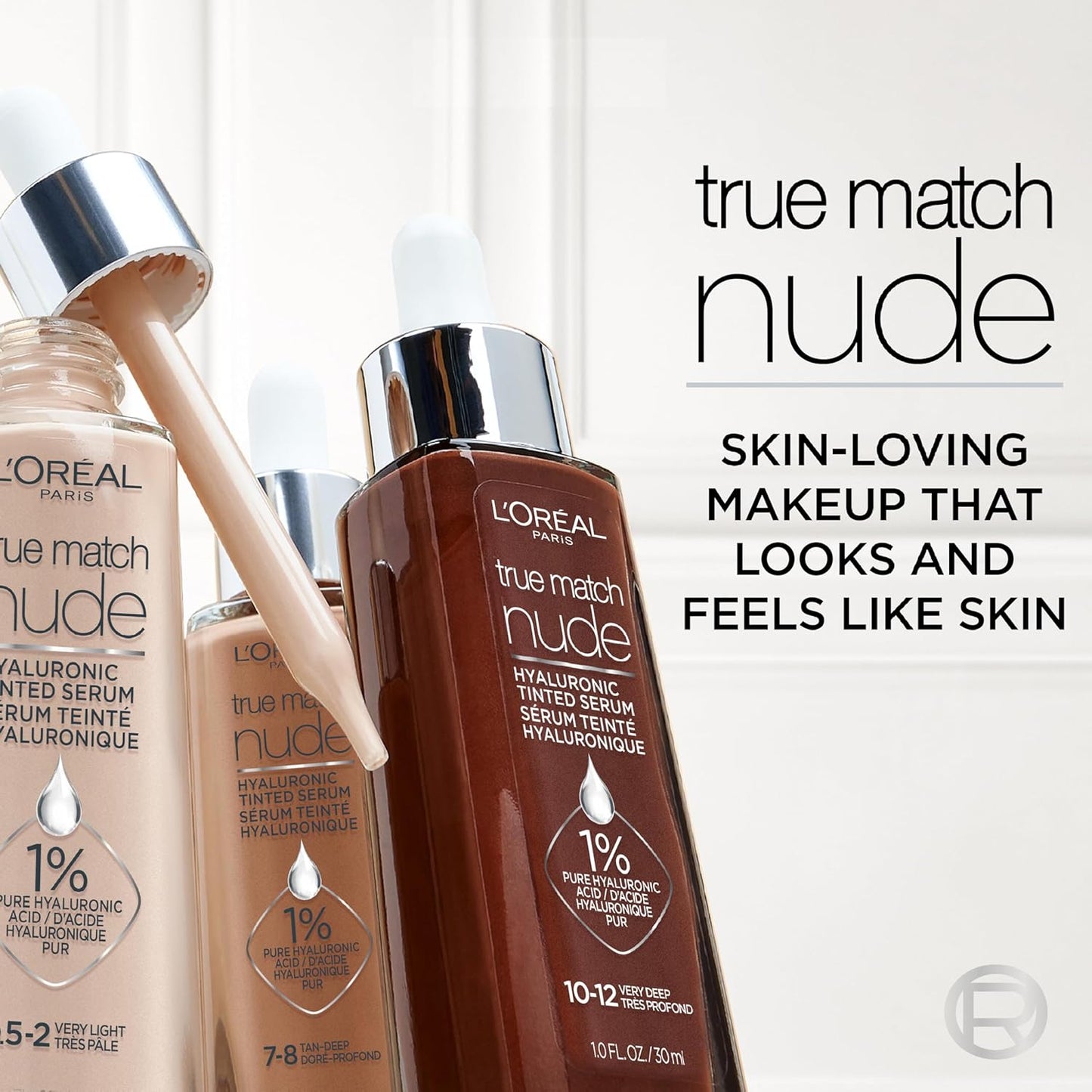 L'Oreal Paris True Match Nude Hyaluronic Tinted Serum Foundation with 1% Hyaluronic acid, Deep 8-10, 1 fl. oz. (Pack of 2)