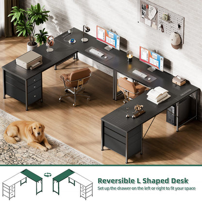 Furologee 63" L Shaped Desk with Power Outlets & USB-C Port, Reversible Corner Computer Desk with 3 Fabric Drawers, Hooks, Large Home Office Desk for Gaming, Writing, Work, Black