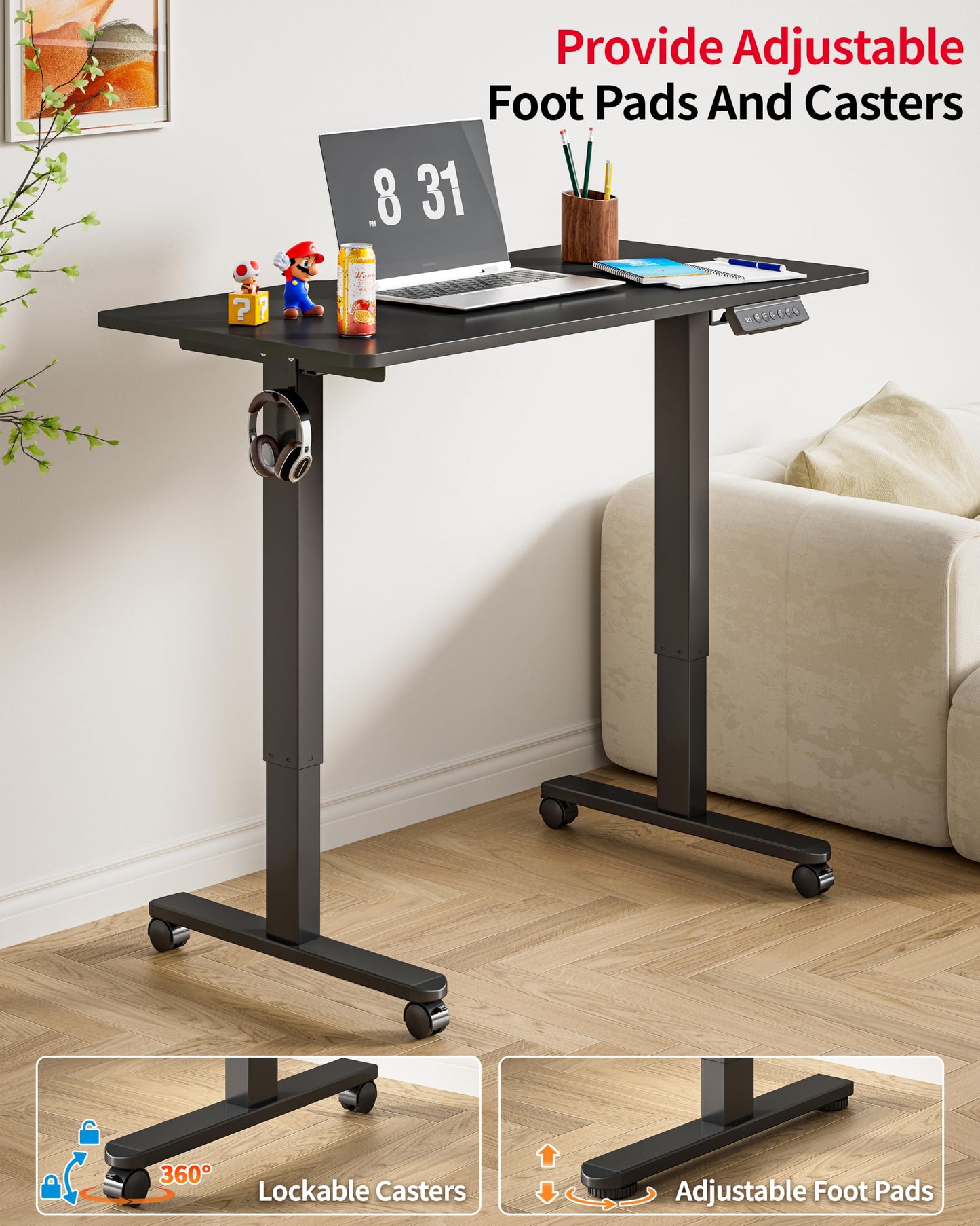 Okin Small Electric Standing Desk, 36" x 24" Whole Piece Height Adjustable Desk, Oak Sit to Stand Computer Workstation with Wheels for Home Office