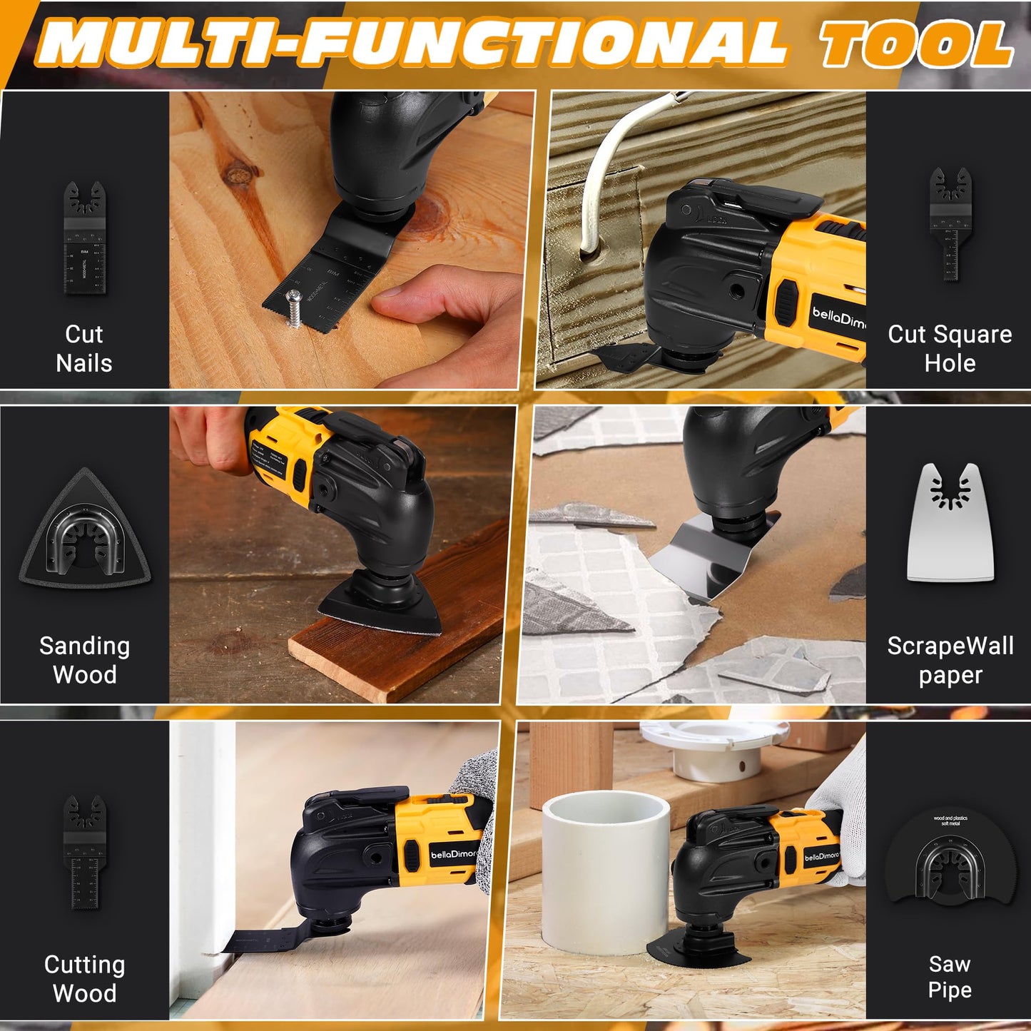 bellaDimora Oscillating Multi-Tool Compatible with DeWalt 20V MAX, 600W Brushless Motor (6000-20000 OPM), 23-Piece Accessory Kit for Cutting Sanding Scraping, Heavy-Duty Power Tool(No Battery)