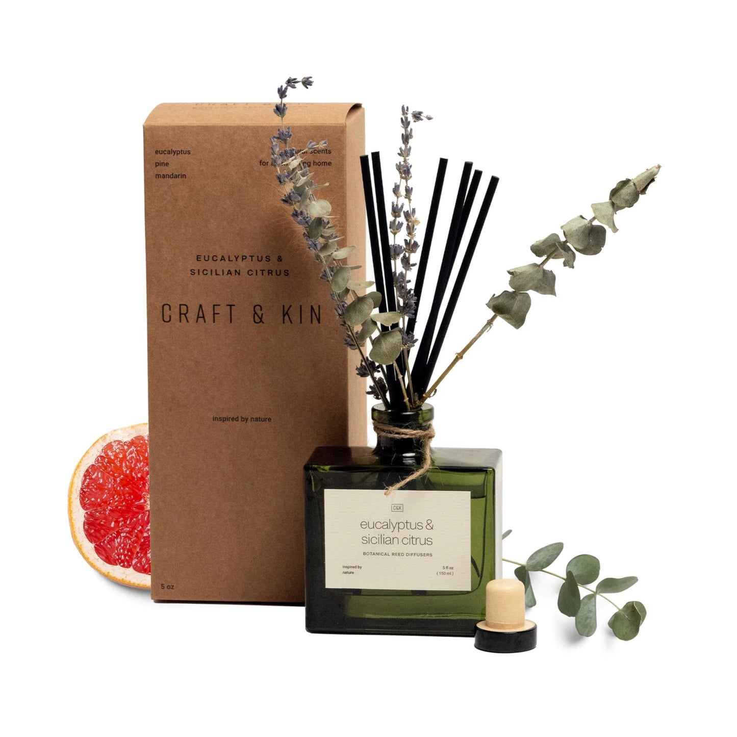 Craft & Kin Reed Diffuser with Dried Flowers | 5 oz Stone Fruit & Sage Scented Holiday Reed Diffusers for Home, Bathroom | Scent Sticks | Elegant Fragrance Home Decor for Men & Women