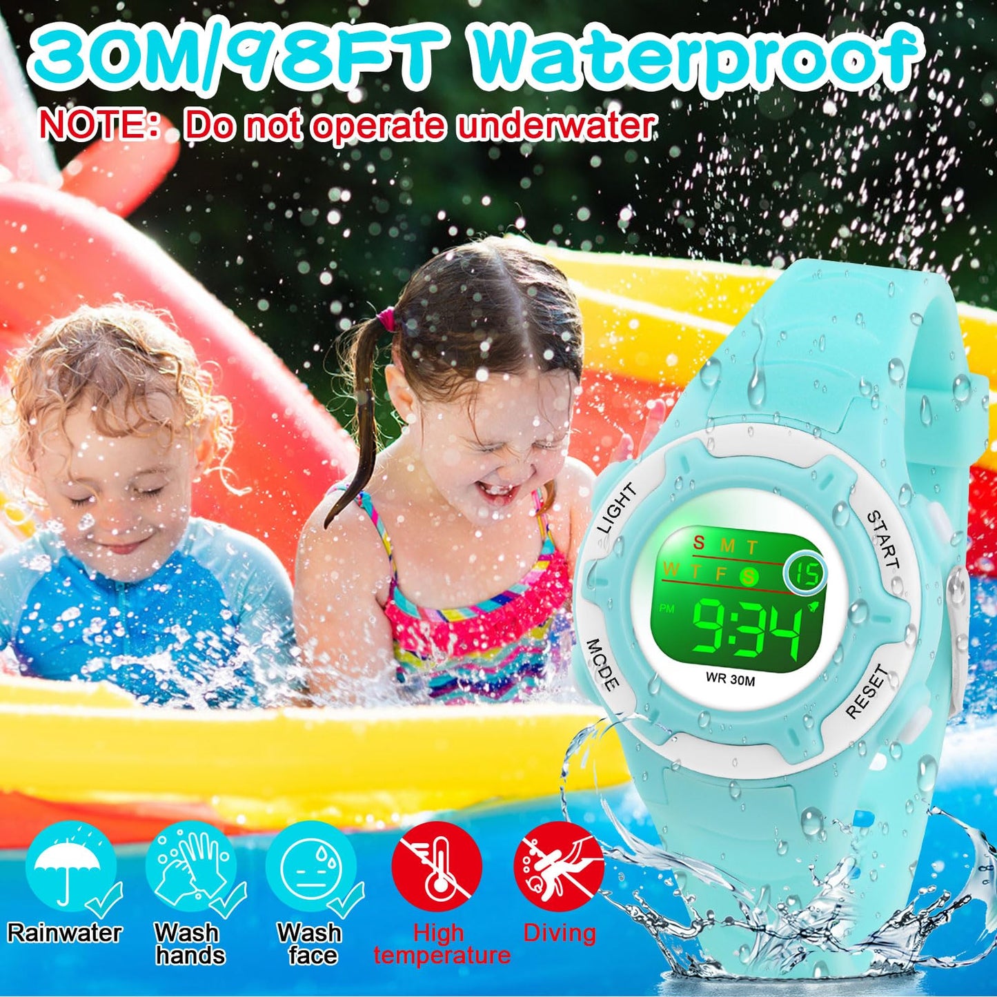 DTKID Digital Kids Watch 30 M Waterproof, 7 Color Lights Time Teaching Watch Easy to Read for Girls Boys 5-16
