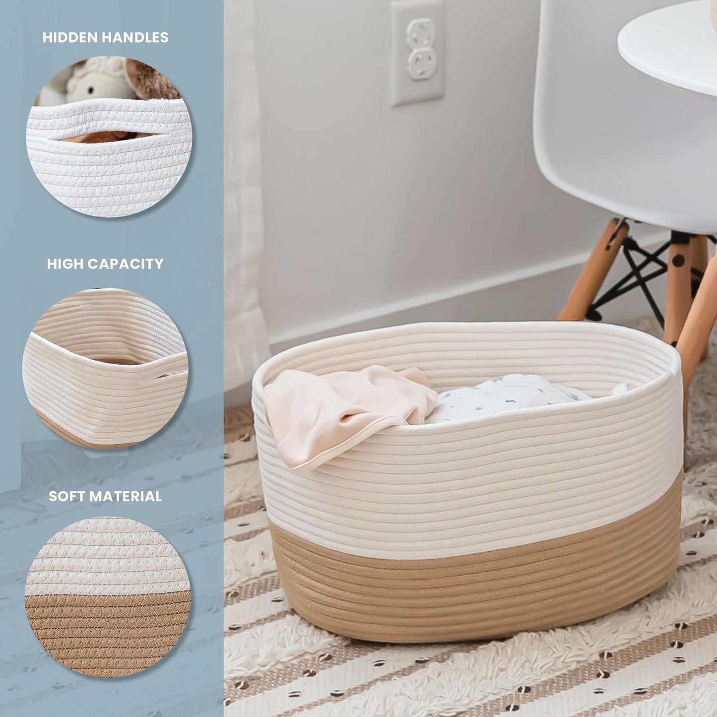 Light Honey Cotton Rope Baskets for Shelves, Set of 3 - 15"×10"×9½" - Woven Storage Baskets for Organizing - Closet, Nursery, Bedroom, Playroom - Toys, Books, Towels, Clothes