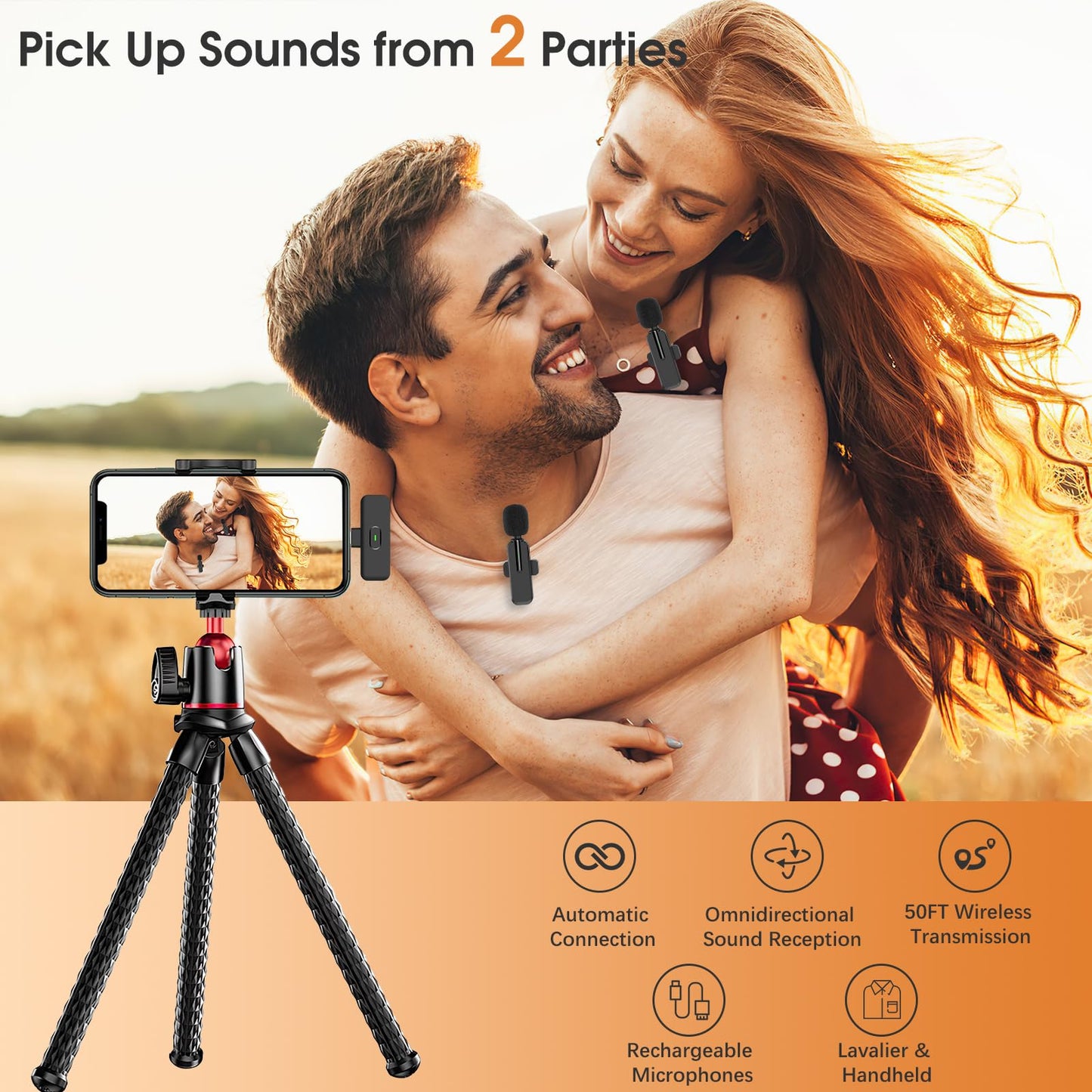 MAYBESTA Wireless Mini Microphone for iPhone, Android Phone - 2 Pack Lavalier Lapel Mic for Audio Video Recording - Clip on Content Creator Microphones for YouTube Tiktok Podcast Vlogging