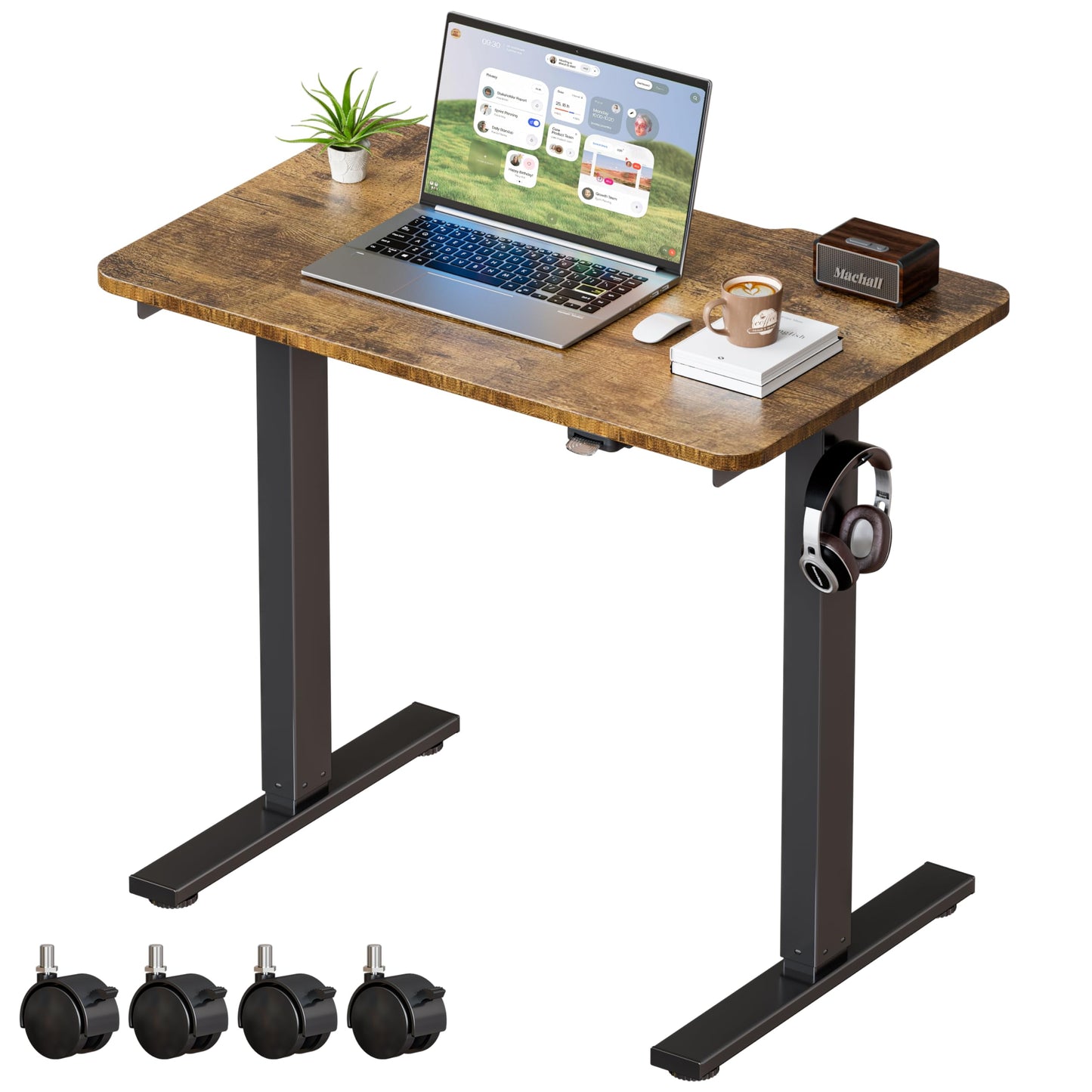Okin Small Electric Standing Desk, 36" x 24" Whole Piece Height Adjustable Desk, Oak Sit to Stand Computer Workstation with Wheels for Home Office