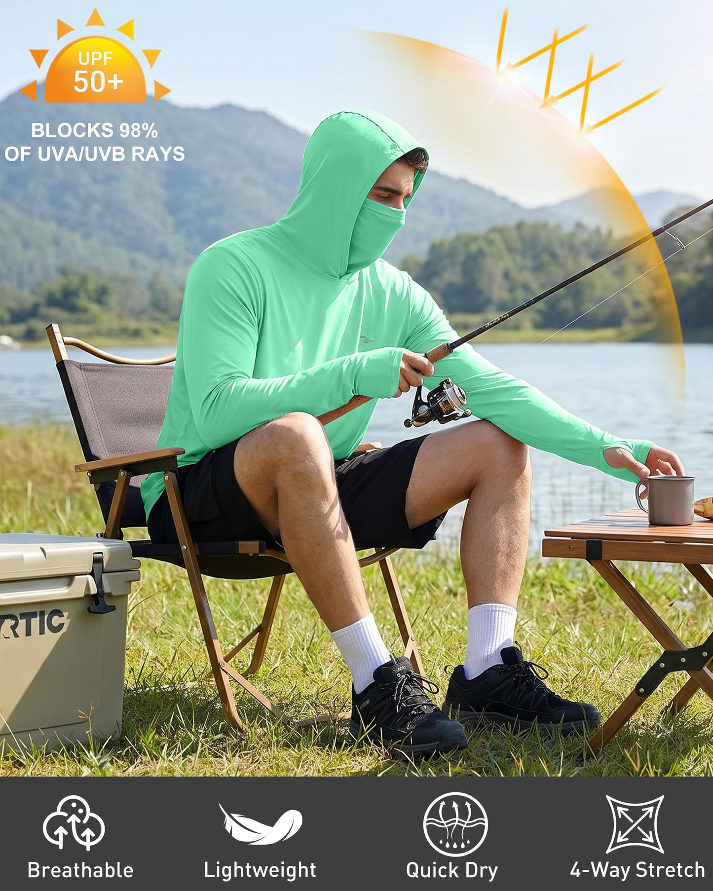 FISHEAL Men's Performance Fishing Hoodie Shirt - UPF 50+ UV Sun Protection Long Sleeve Shirts with Mesh Face Mask