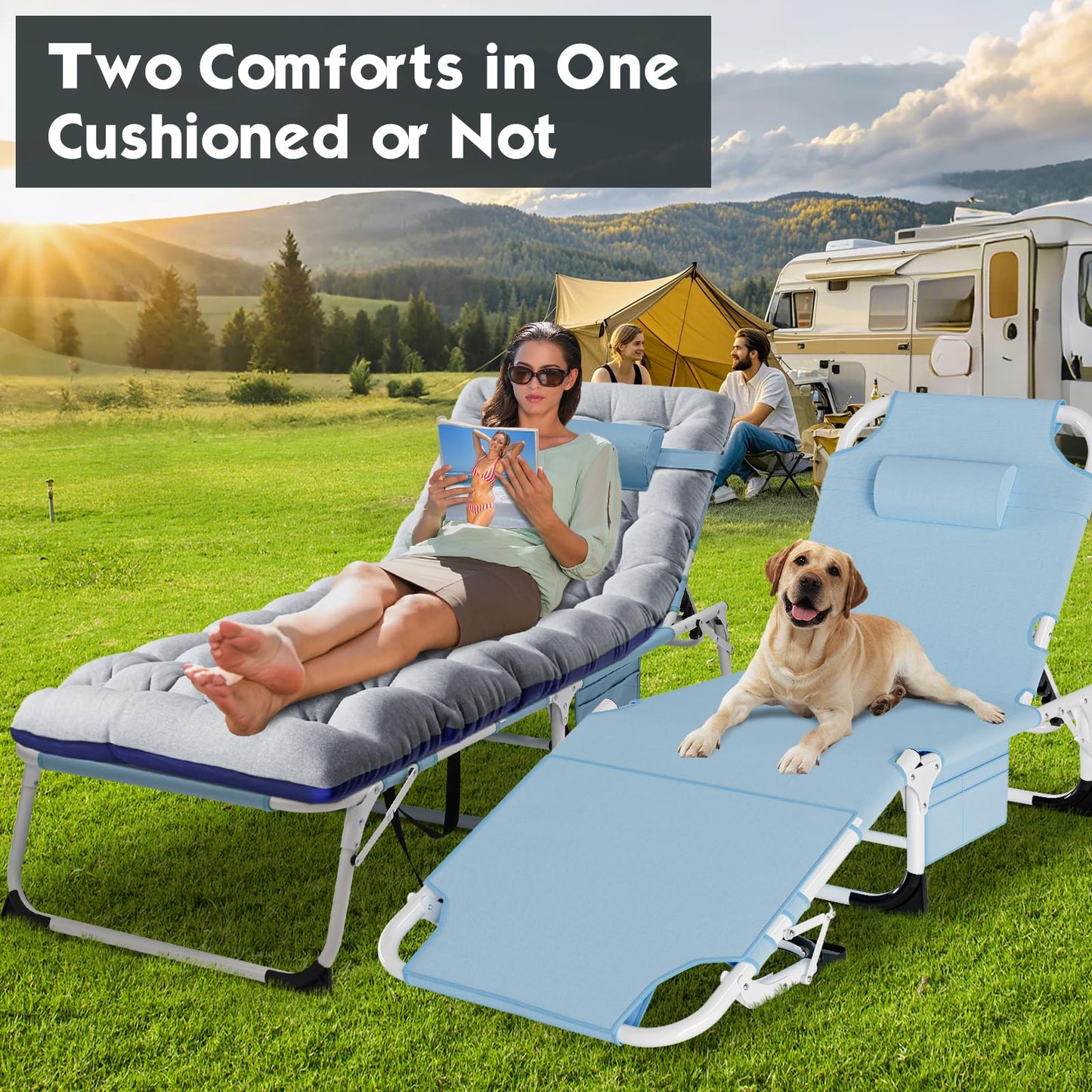 MOPHOTO Folding Lounge Chair 5-Position, Folding Cot, Portable Outdoor Chaise Lounge Chair for Sun Tanning, Perfect for Pool Beach Patio Sunbathing