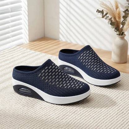 Women's Mesh Stretch Knitted Air Cushion Mule Clogs Fashion Comfortable Closed Round Toe Breathable Slip On Wedge Orthopedic Mules Sneaker for Summer Casual Beach Walking Slippers