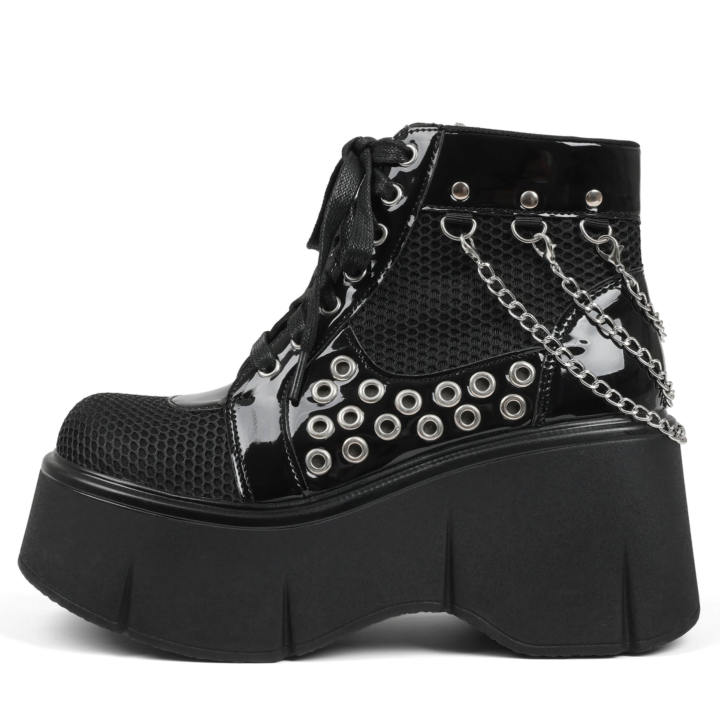 Women's Black Platform Boots Wedge Goth Round Toe Lace Up Chain Mesh Punk Combat Ankle Booties