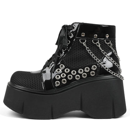 Women's Black Platform Boots Wedge Goth Round Toe Lace Up Chain Mesh Punk Combat Ankle Booties