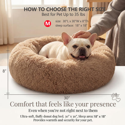 Small Calming Dogs Bed for Small Dogs Anti-Anxiety Machine Washable Fluffy Luxury Anti-Slip Waterproof Mute Base Warming Cozy Soft Pet Puppy Round Bed